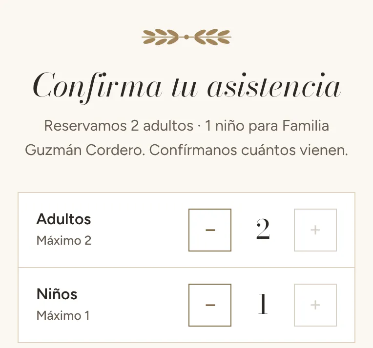 Confirmación del muestrario Prelude: Reservamos 2 adultos y 1 niño para Familia Guzmán Cordero; los contadores no pasan de 2 adultos y 1 niño.
